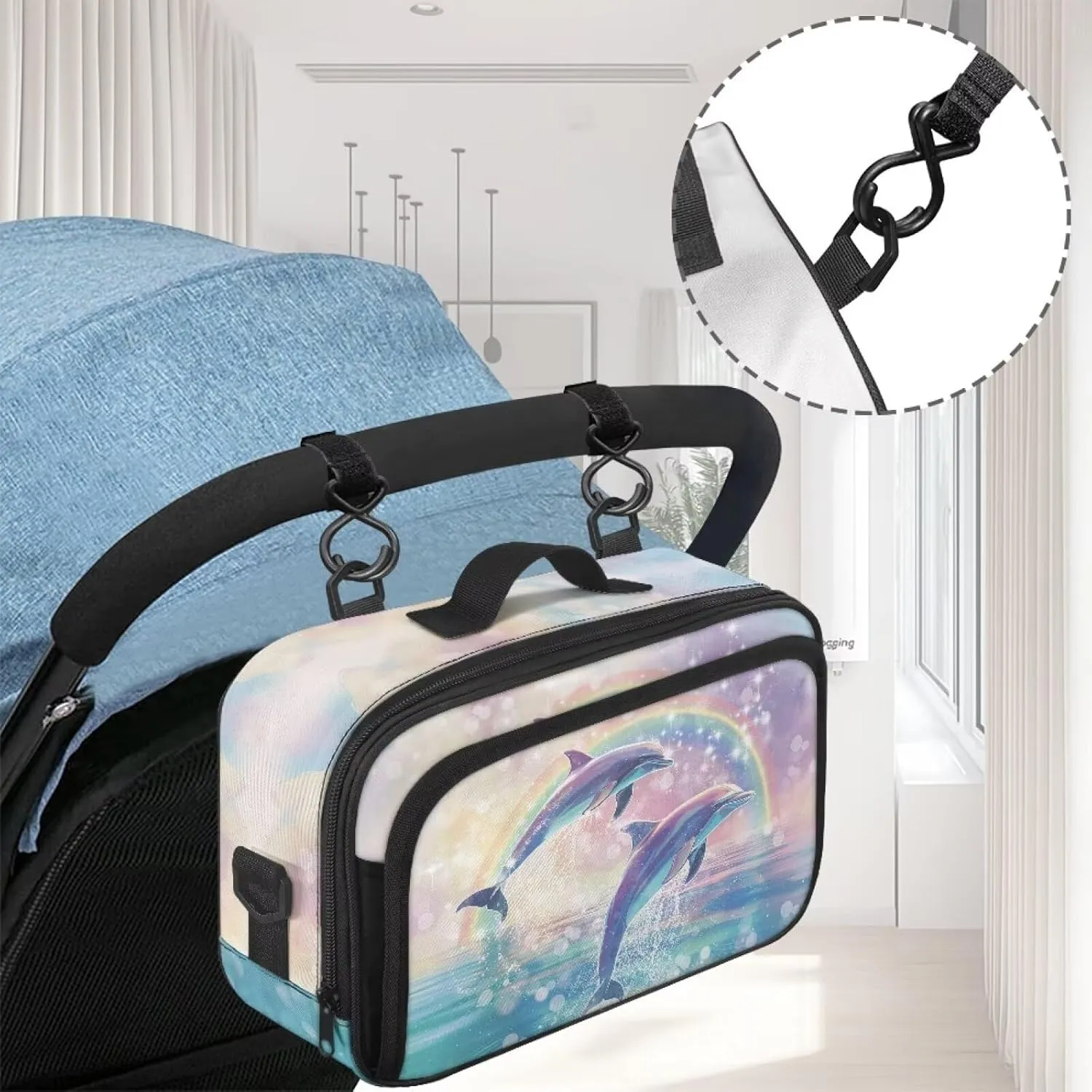 Gomyblomy Dolphins Rainbow Stroller Organizer Cute Diaper Bag Stroller Caddy with Detachable Shoulder Strap Phone Bag Large Capacity Diaper Bag Tote Universal Stroller Accessories