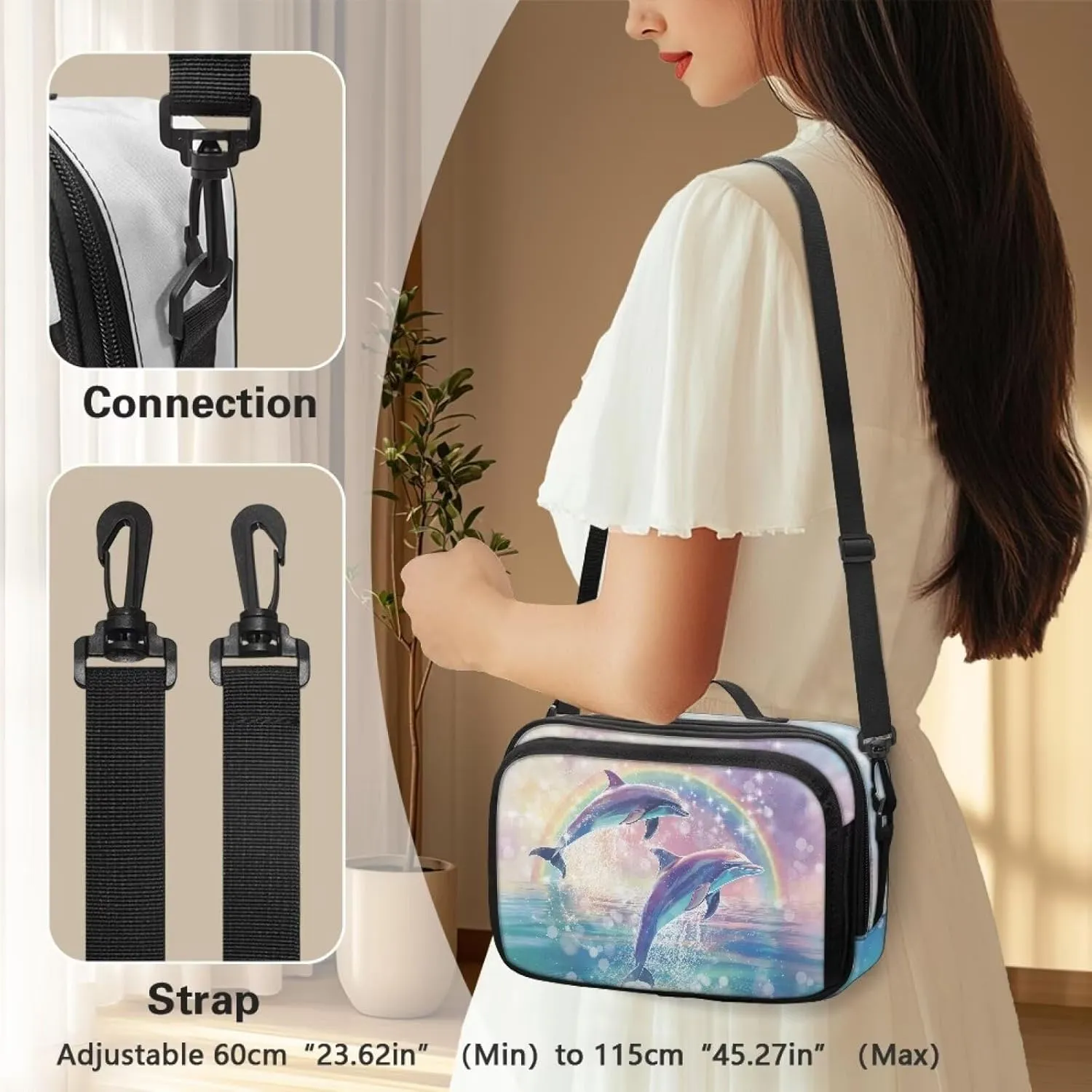 Gomyblomy Dolphins Rainbow Stroller Organizer Cute Diaper Bag Stroller Caddy with Detachable Shoulder Strap Phone Bag Large Capacity Diaper Bag Tote Universal Stroller Accessories