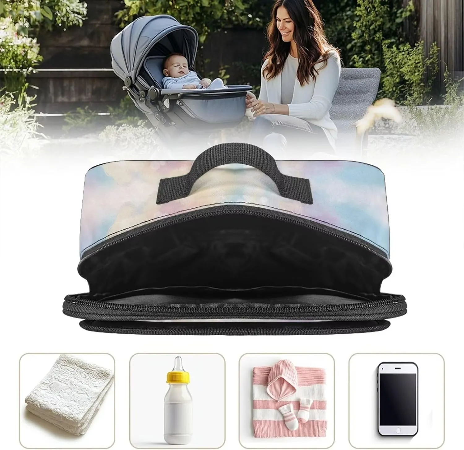 Gomyblomy Dolphins Rainbow Stroller Organizer Cute Diaper Bag Stroller Caddy with Detachable Shoulder Strap Phone Bag Large Capacity Diaper Bag Tote Universal Stroller Accessories