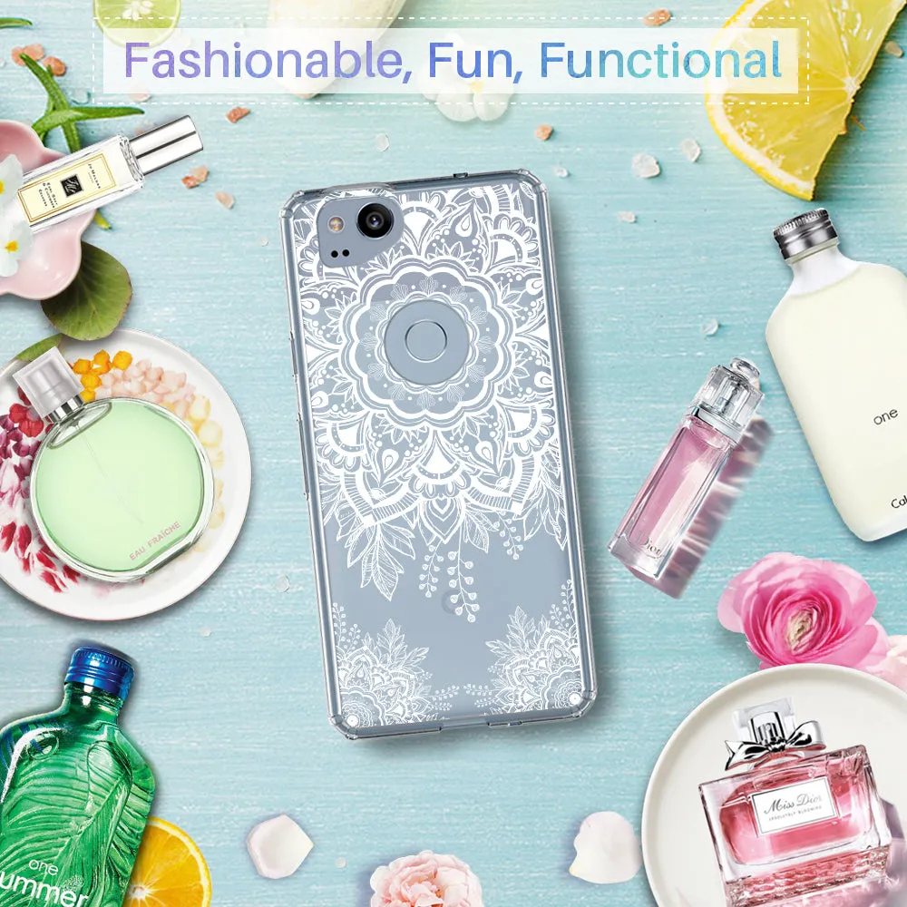 Google Pixel 2 Case, LK [Shock Absorbing] White Henna Mandala Floral Lace Clear Design Printed Air Hybrid with TPU Bumper Protective Case Cover for Google Pixel 2