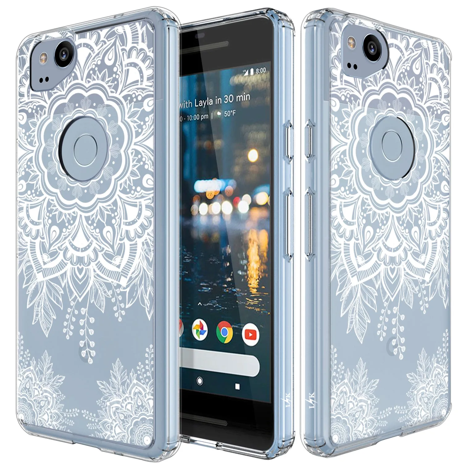 Google Pixel 2 Case, LK [Shock Absorbing] White Henna Mandala Floral Lace Clear Design Printed Air Hybrid with TPU Bumper Protective Case Cover for Google Pixel 2