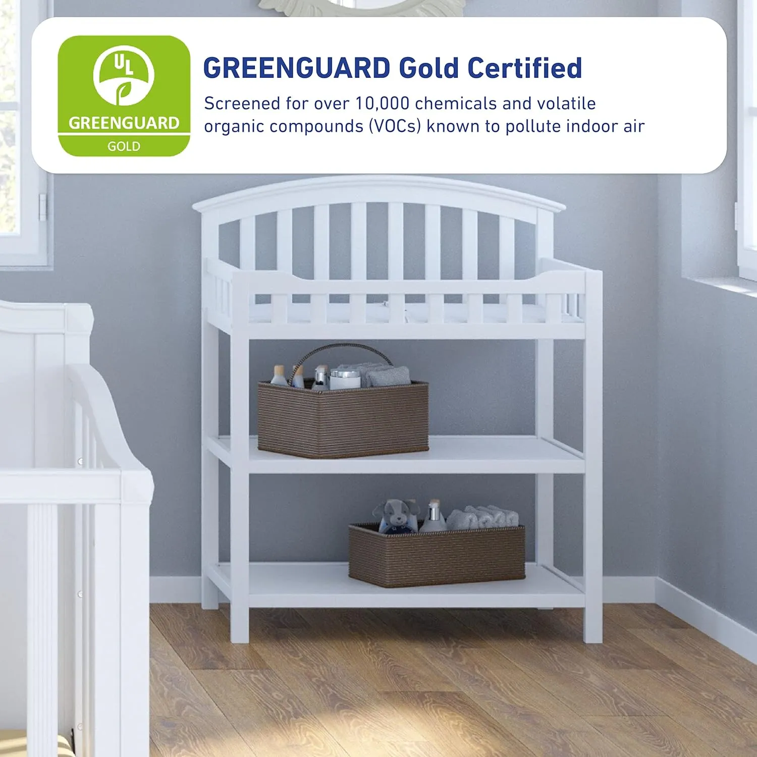 Graco Changing Table with Water-Resistant Changing Pad (White) – GREENGUARD Gold Certified, Multi Storage Nursery Changing Table for Infants and Babies