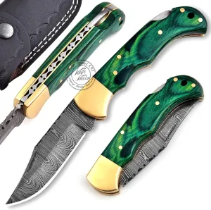 Green Wood 6.5'' 100% Handmade Damascus Steel Folding Pocket Knife 100% Prime Quality