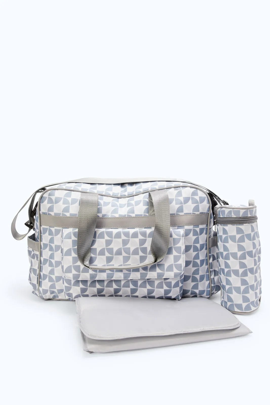 Grey Printed Diaper Bag With Bottle Holder (3 Piece)