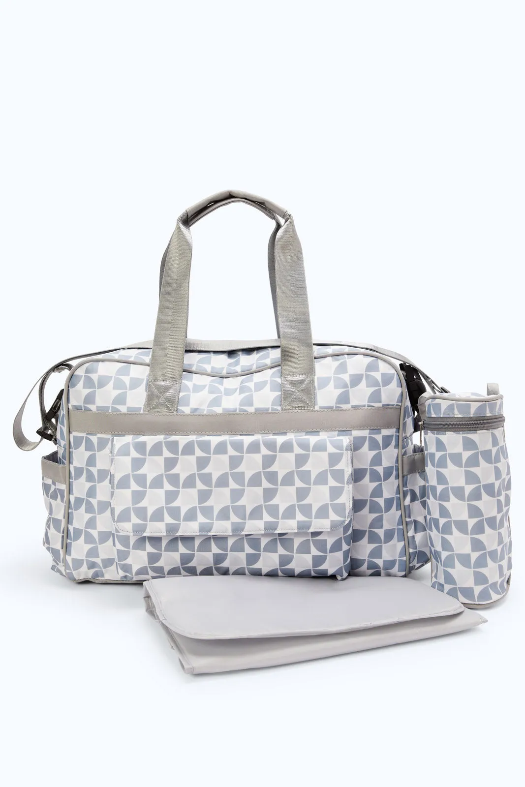 Grey Printed Diaper Bag With Bottle Holder (3 Piece)