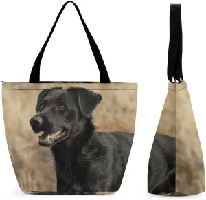 Grocery Bag Reusable Tote Bag Foldable Black Dog in The Field Shopping Bag Handbag Washable Shoulder Bag for Travel