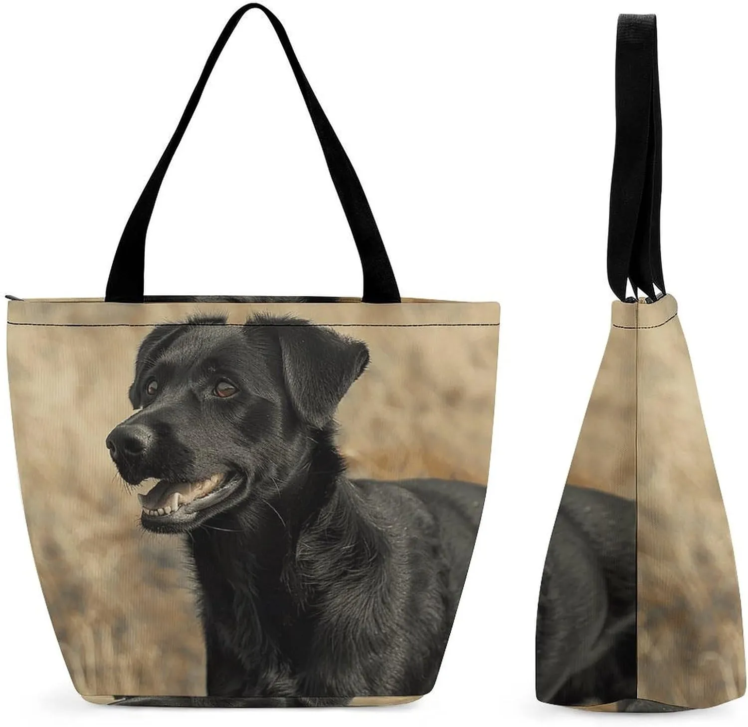 Grocery Bag Reusable Tote Bag Foldable Black Dog in The Field Shopping Bag Handbag Washable Shoulder Bag for Travel