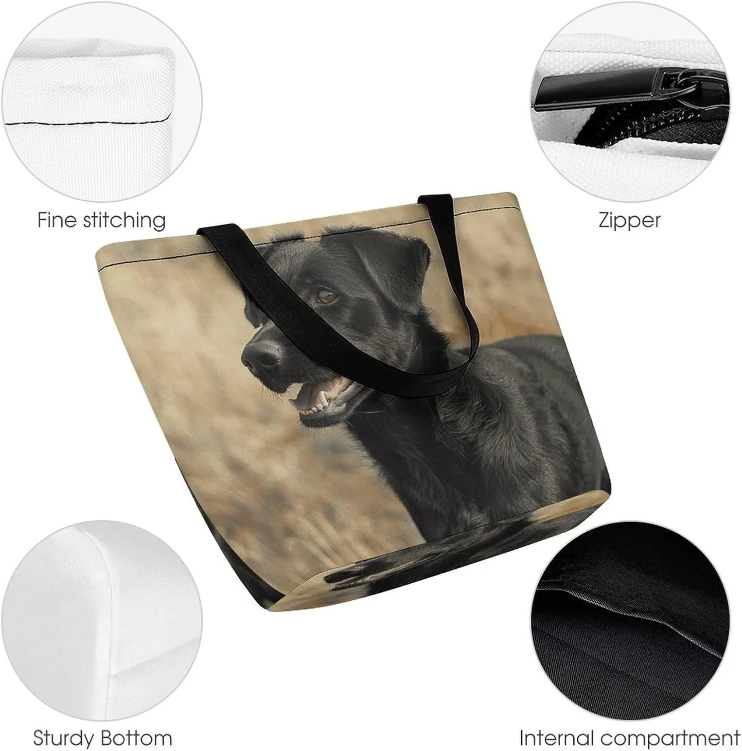 Grocery Bag Reusable Tote Bag Foldable Black Dog in The Field Shopping Bag Handbag Washable Shoulder Bag for Travel