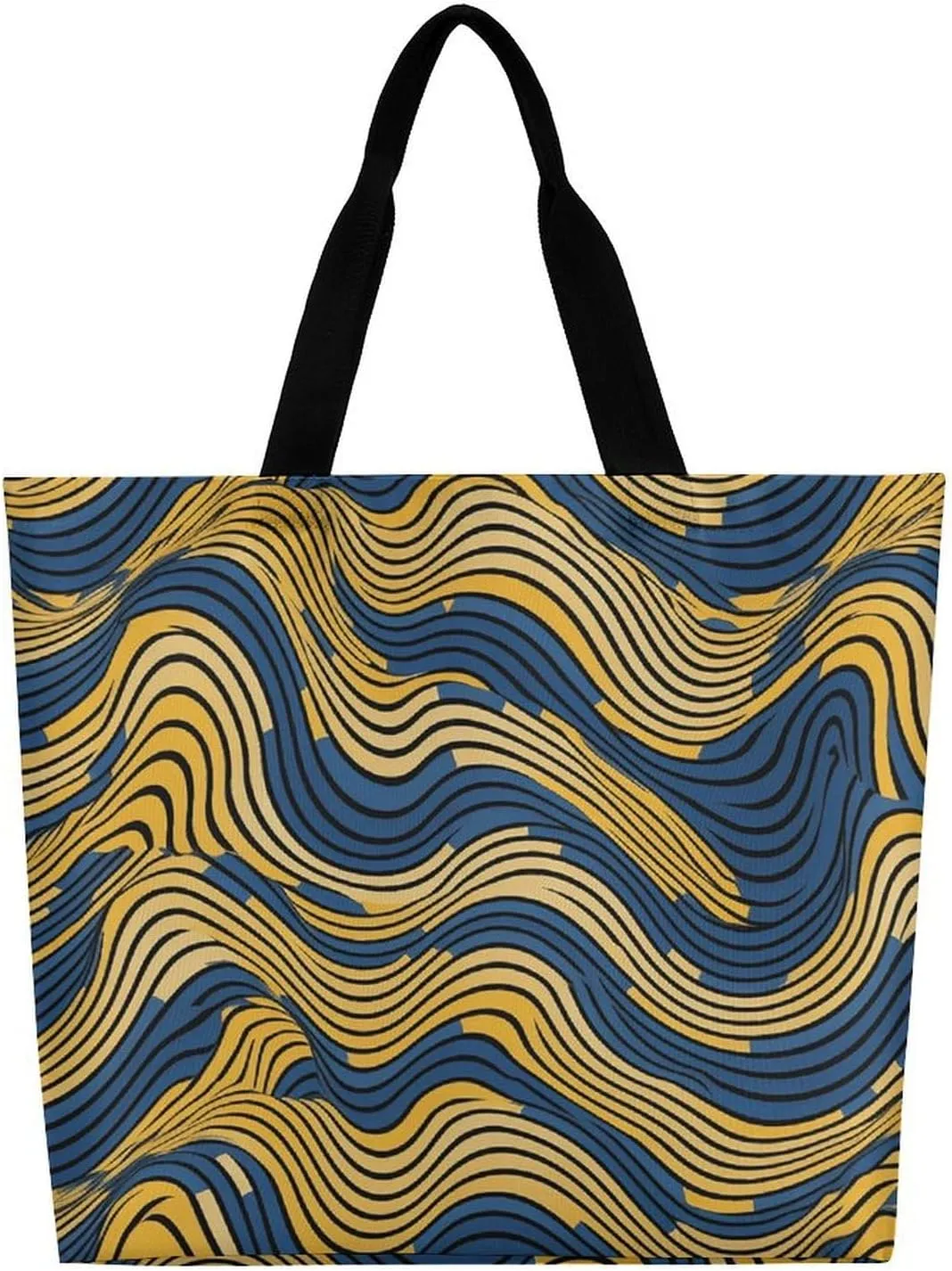 Grocery Bag Reusable Tote Bag Foldable Blue And Yellow Pattern Shopping Bag Handbag Washable Shoulder Bag for Travel