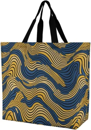 Grocery Bag Reusable Tote Bag Foldable Blue And Yellow Pattern Shopping Bag Handbag Washable Shoulder Bag for Travel