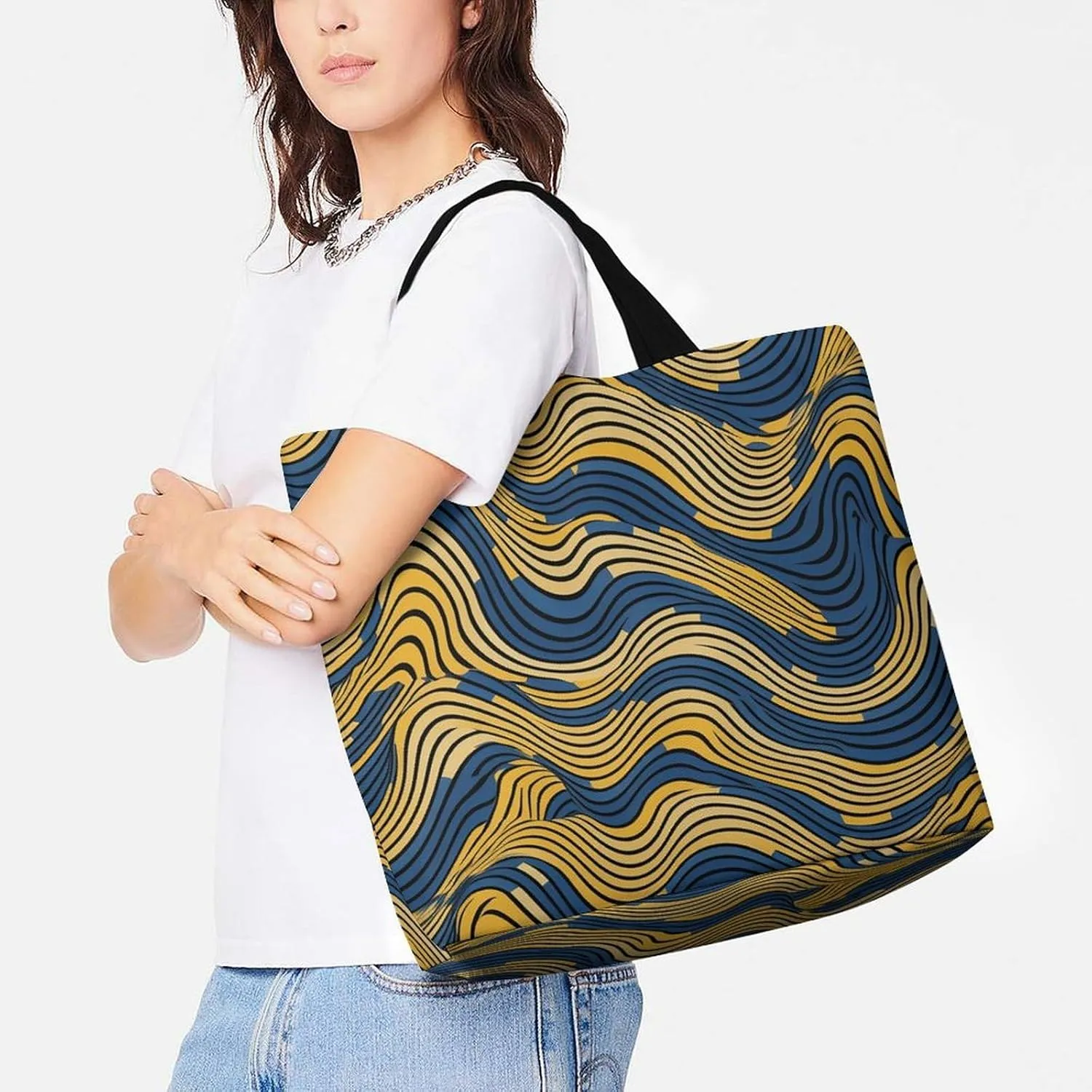 Grocery Bag Reusable Tote Bag Foldable Blue And Yellow Pattern Shopping Bag Handbag Washable Shoulder Bag for Travel