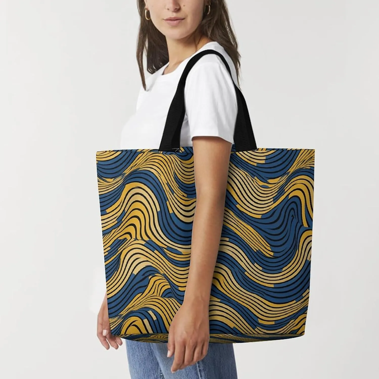 Grocery Bag Reusable Tote Bag Foldable Blue And Yellow Pattern Shopping Bag Handbag Washable Shoulder Bag for Travel