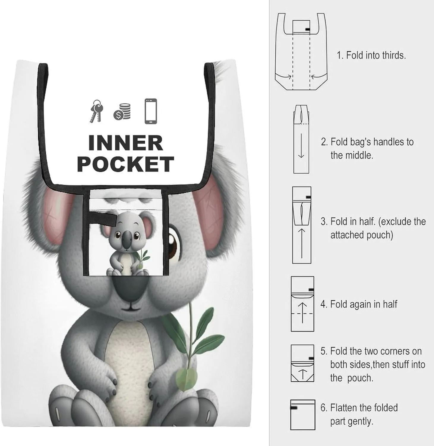 Grocery Bag Reusable Tote Bag Foldable Cartoon Koala Shopping Bag Handbag Washable Shoulder Bag for Travel