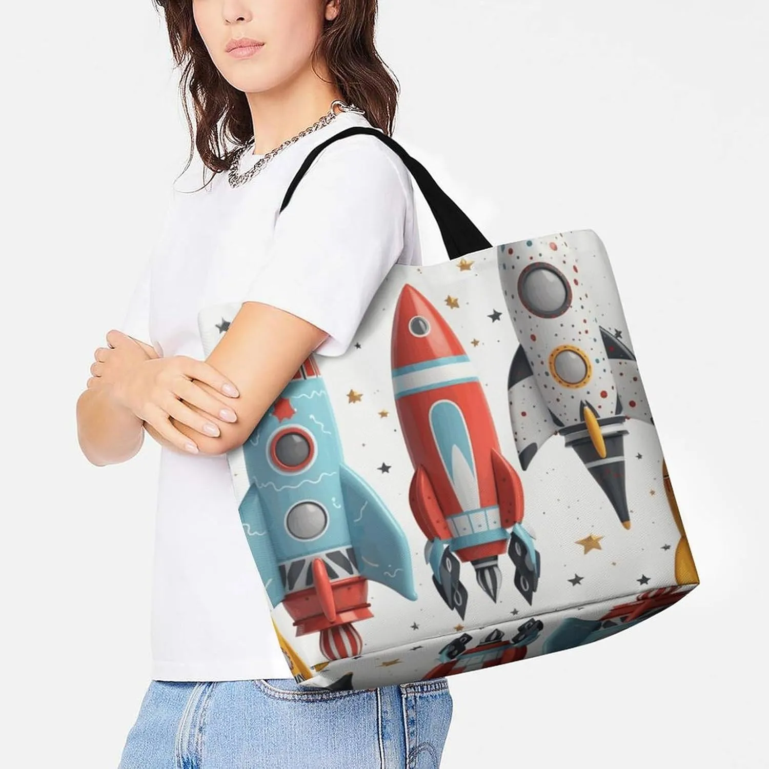 Grocery Bag Reusable Tote Bag Foldable Cartoon Rockets Shopping Bag Handbag Washable Shoulder Bag for Travel