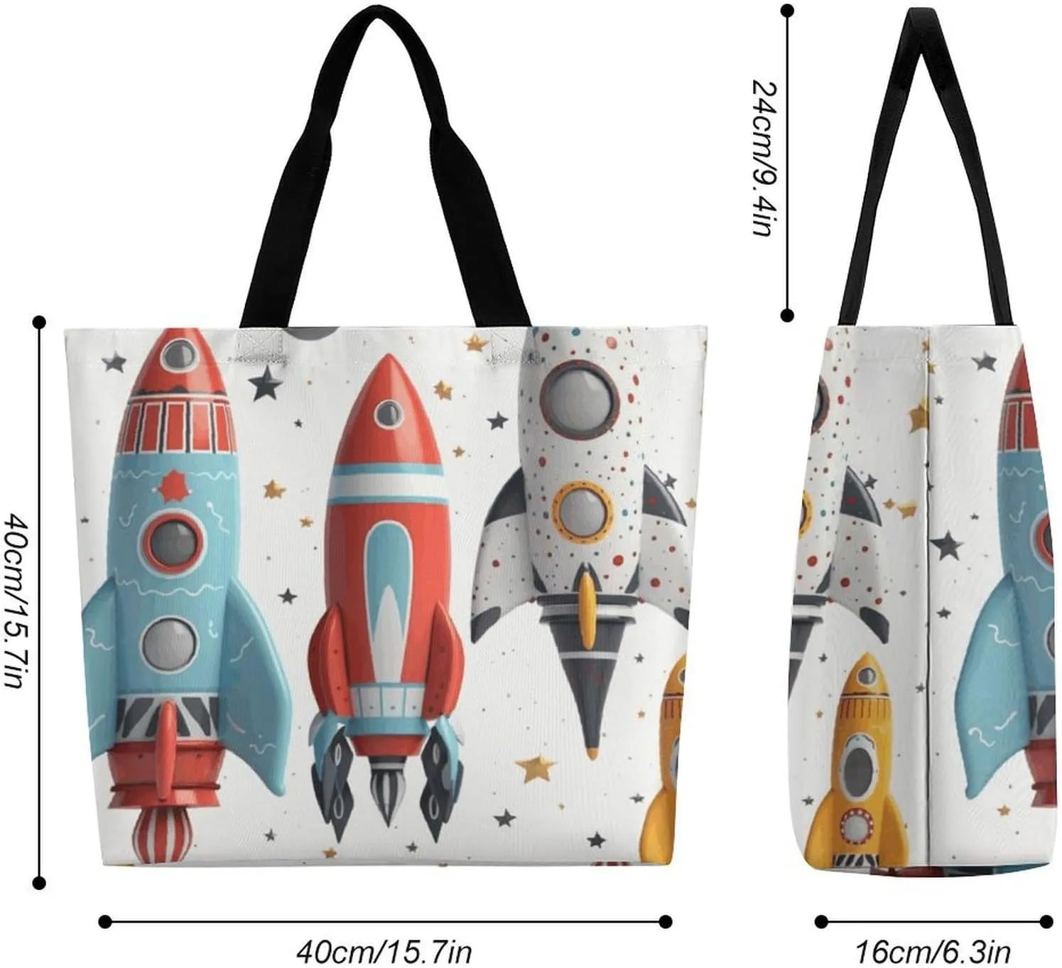 Grocery Bag Reusable Tote Bag Foldable Cartoon Rockets Shopping Bag Handbag Washable Shoulder Bag for Travel