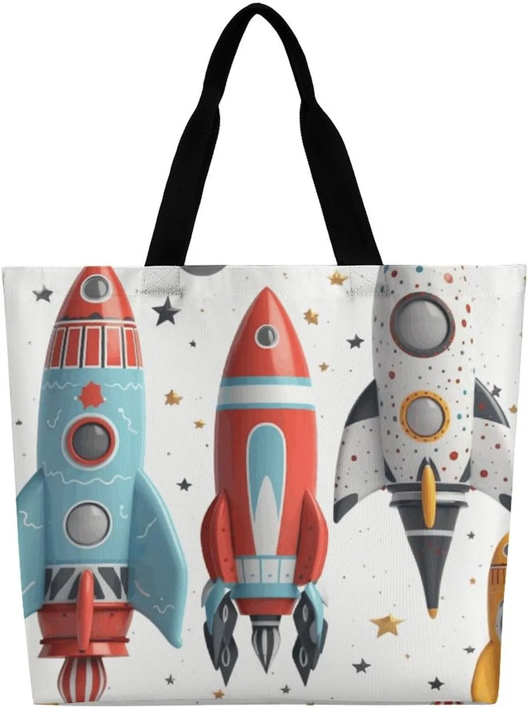 Grocery Bag Reusable Tote Bag Foldable Cartoon Rockets Shopping Bag Handbag Washable Shoulder Bag for Travel
