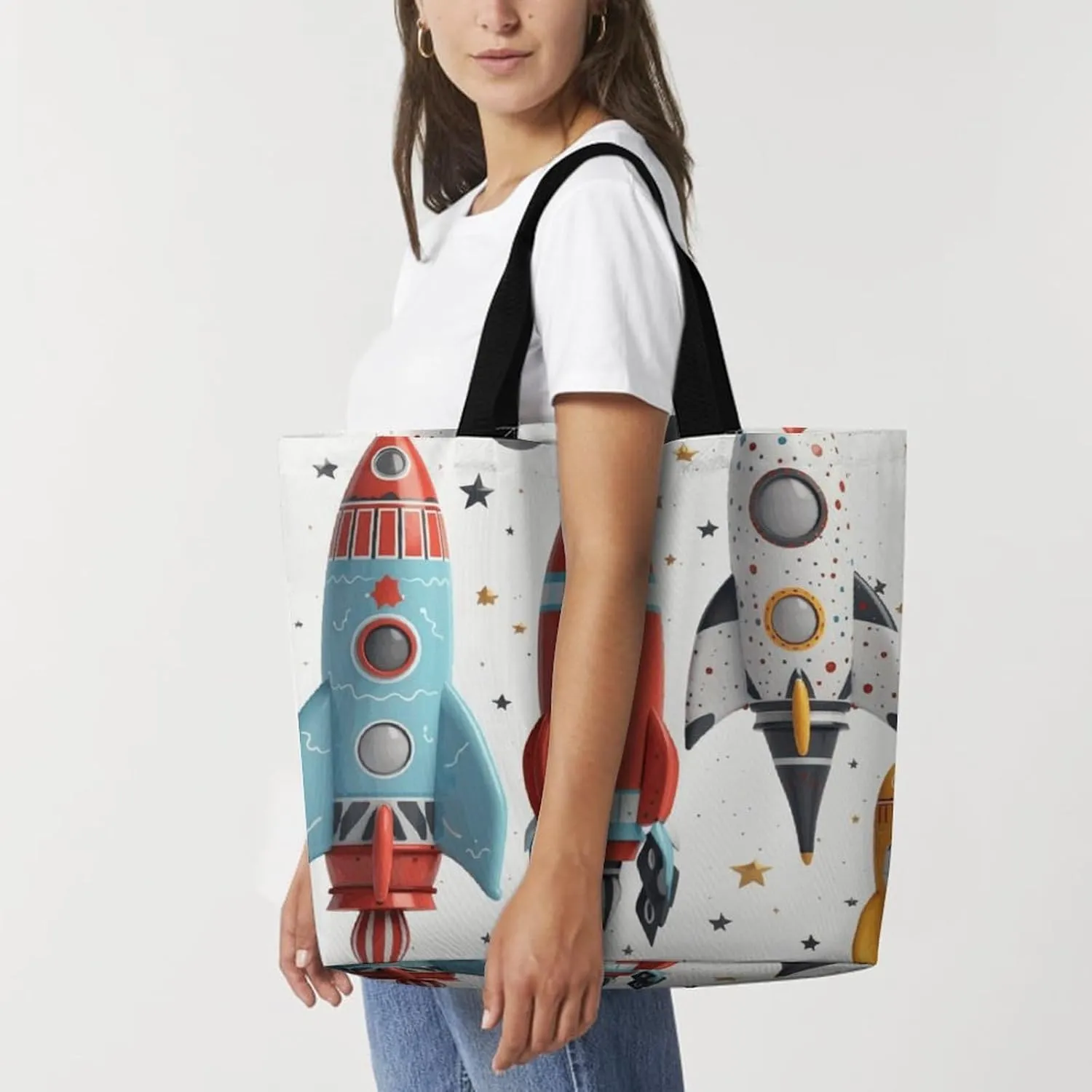 Grocery Bag Reusable Tote Bag Foldable Cartoon Rockets Shopping Bag Handbag Washable Shoulder Bag for Travel
