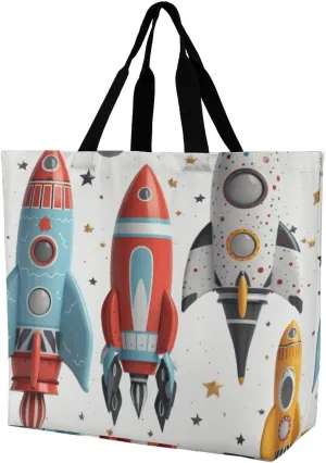 Grocery Bag Reusable Tote Bag Foldable Cartoon Rockets Shopping Bag Handbag Washable Shoulder Bag for Travel