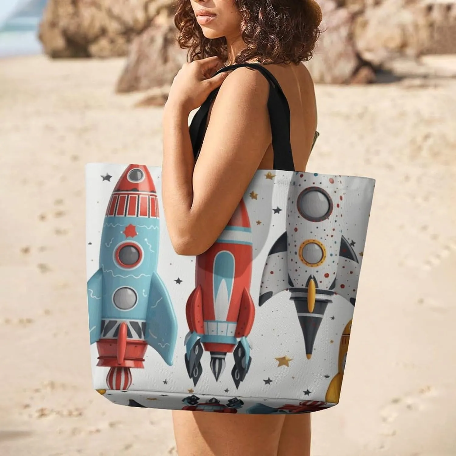 Grocery Bag Reusable Tote Bag Foldable Cartoon Rockets Shopping Bag Handbag Washable Shoulder Bag for Travel