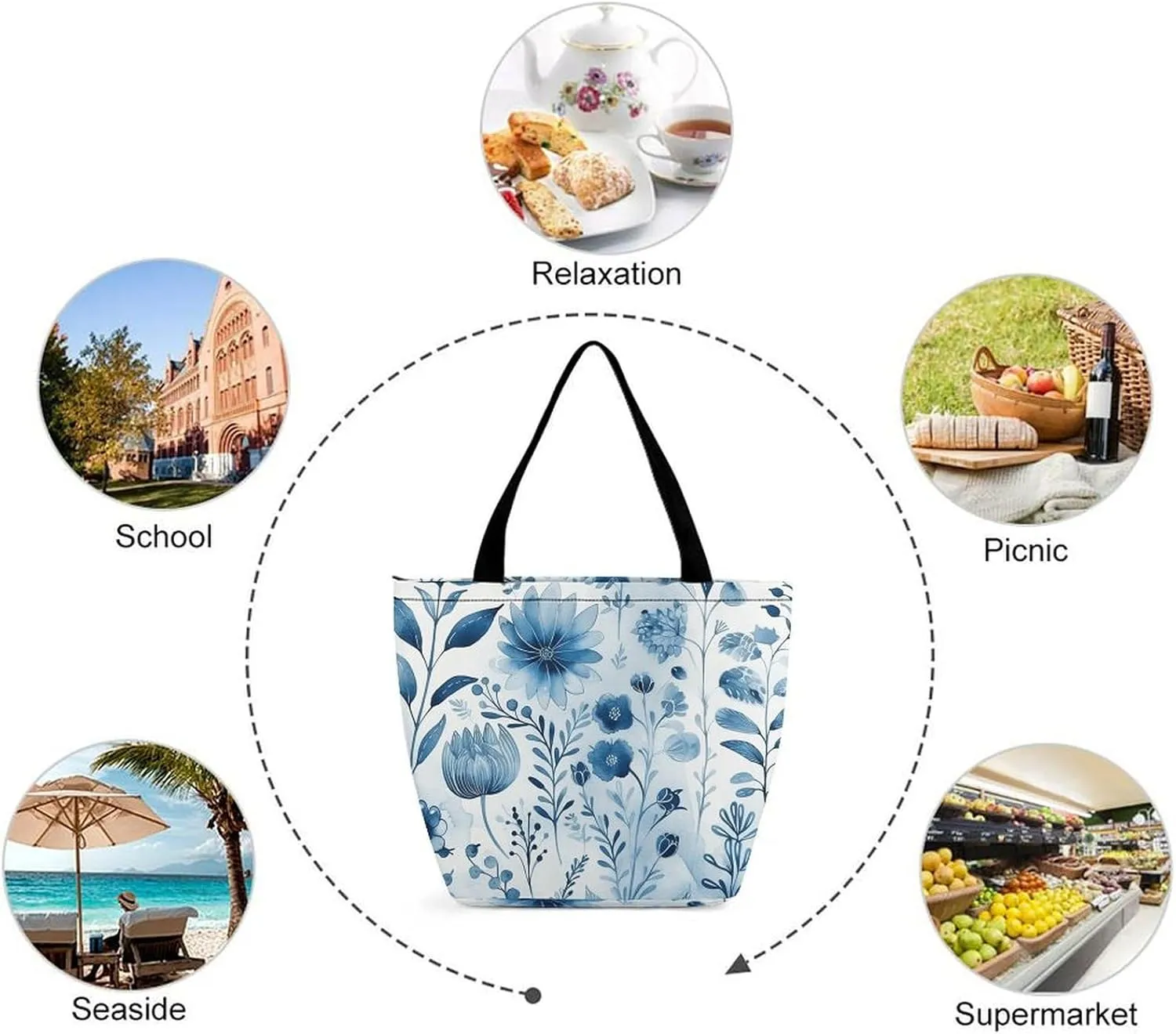 Grocery Bag Reusable Tote Bag Foldable Indigo And Beige Shopping Bag Handbag Washable Shoulder Bag for Travel