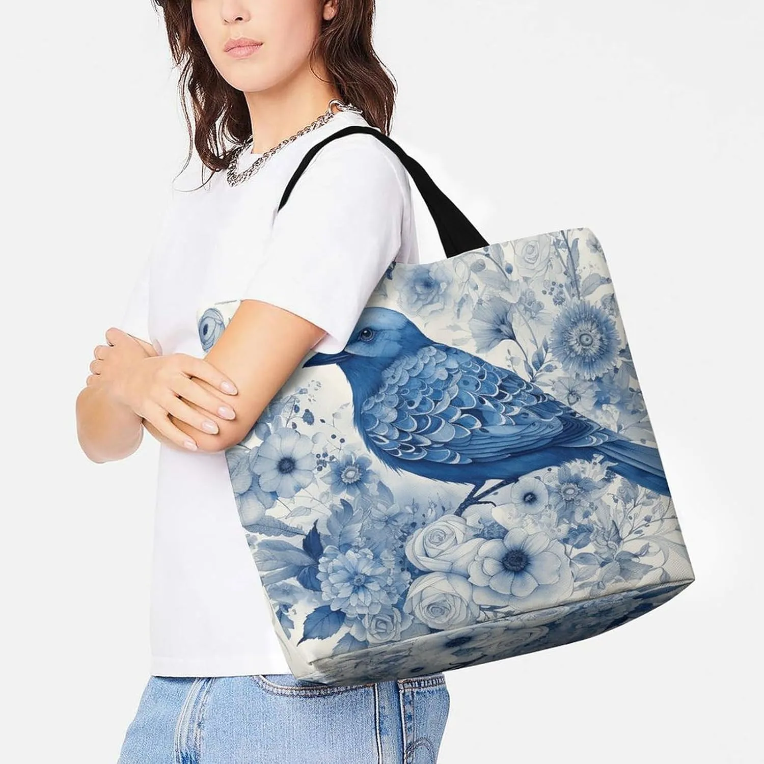 Grocery Bag Reusable Tote Bag Foldable Standing in The Field Shopping Bag Handbag Washable Shoulder Bag for Travel