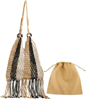 GRPKSSIB Boho Beach Bags Knitted Tote Bag Bohemian Crochet Purse Handbags Summer Shoulder Bag Tassels for Women