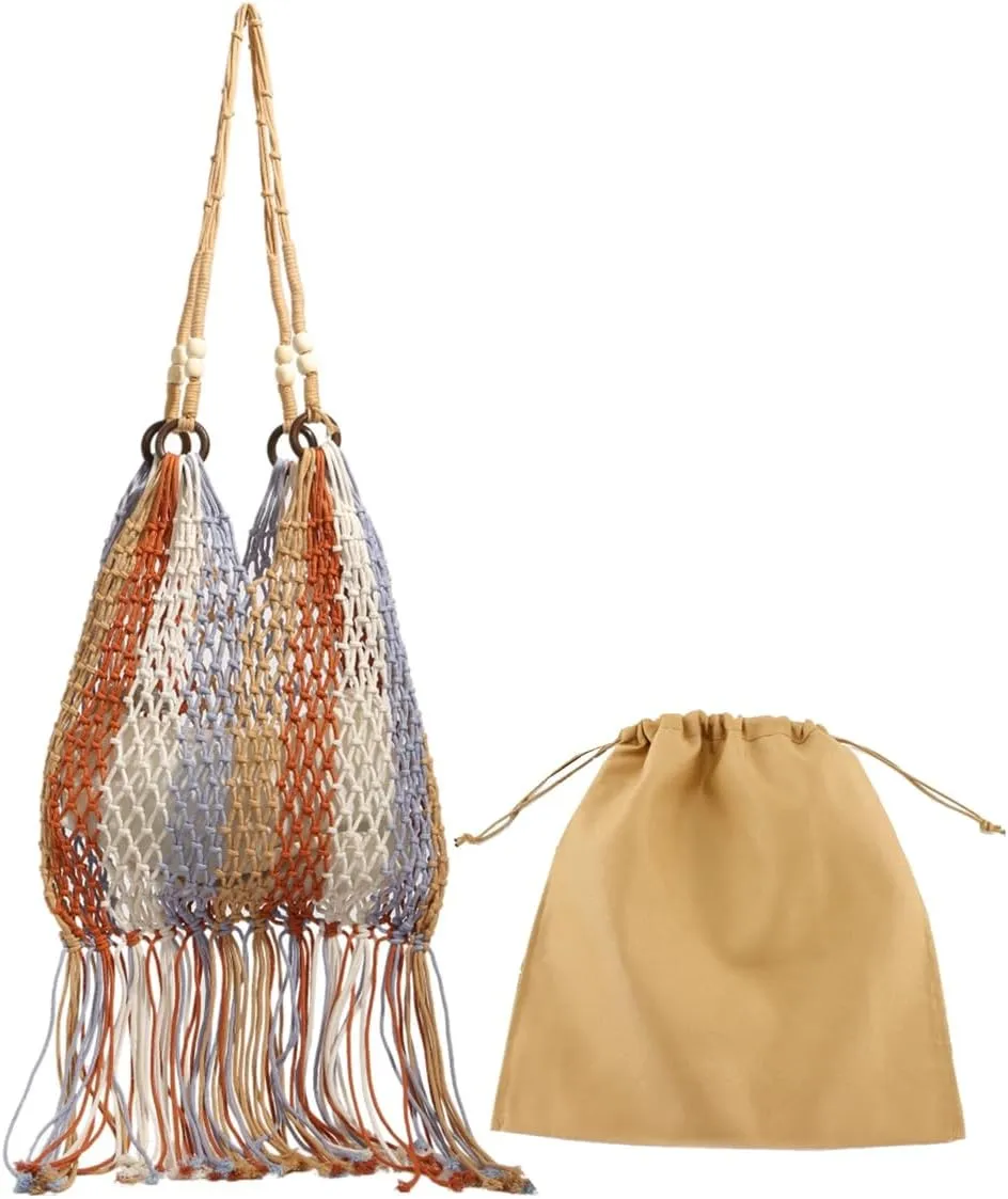 GRPKSSIB Boho Beach Bags Knitted Tote Bag Bohemian Crochet Purse Handbags Summer Shoulder Bag Tassels for Women