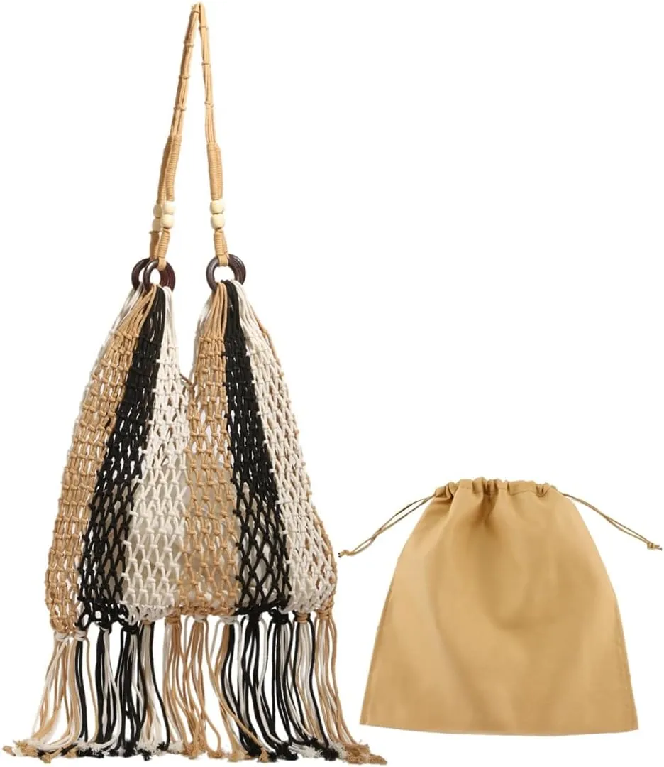GRPKSSIB Boho Beach Bags Knitted Tote Bag Bohemian Crochet Purse Handbags Summer Shoulder Bag Tassels for Women