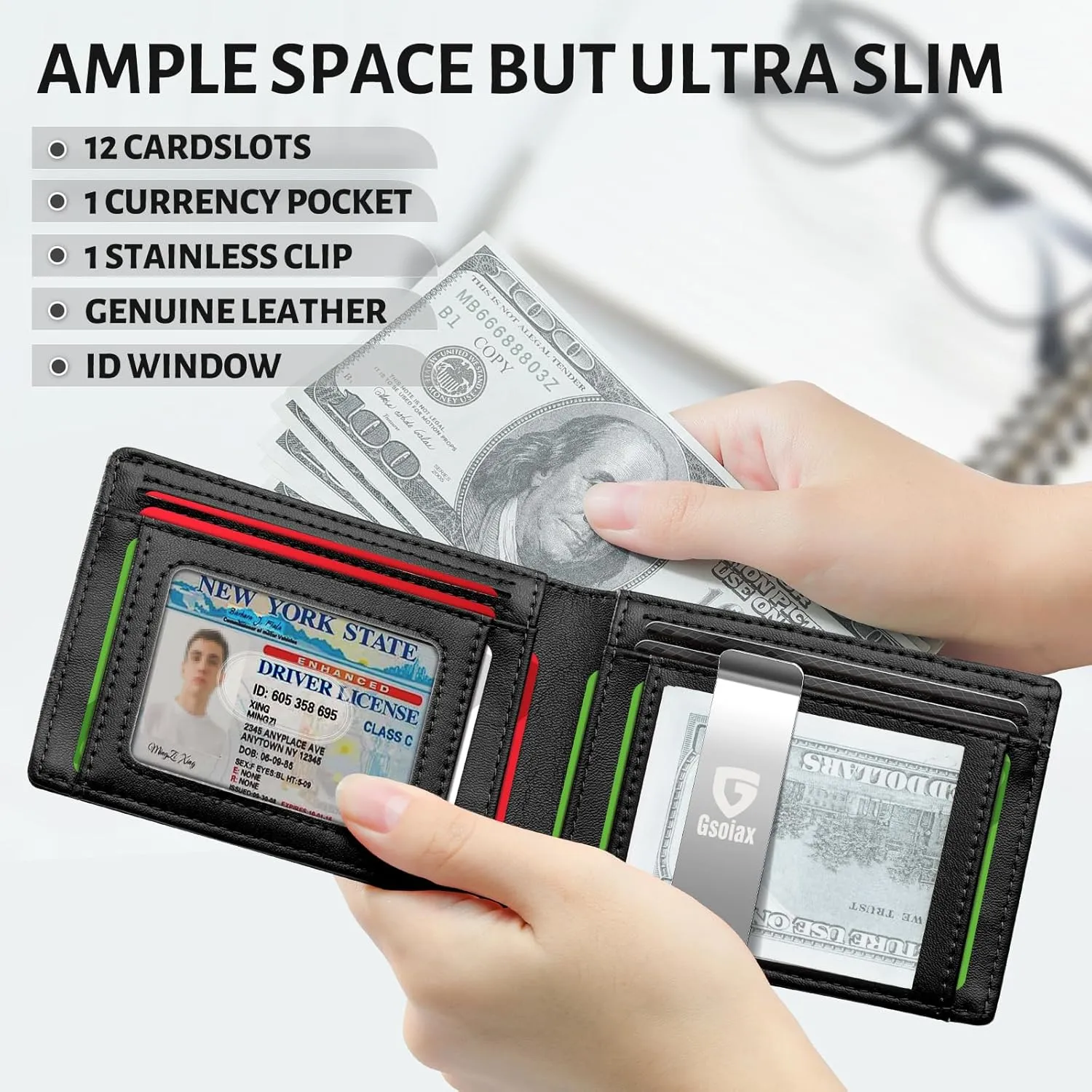 GSOIAX Mens Slim Wallet for Men Minimalist Genuine Leather Carbon Fiber Rfid Blocking Bifold Credit Card Holder With Gift Box (Black-money clip)