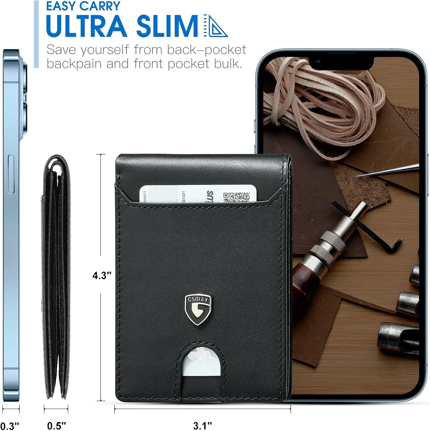 GSOIAX Mens Slim Wallet RFID Blocking Bifold wallets for men Minimalist Genuine Leather Carbon Fiber Card Holder Money Clip Thin Mens with Gift Box (Black-1)