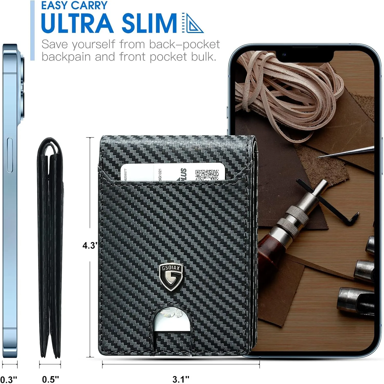GSOIAX Mens Slim Wallet RFID Blocking Bifold wallets for men Minimalist Genuine Leather Carbon Fiber Card Holder Money Clip Thin Mens with Gift Box (Carbon Black-)
