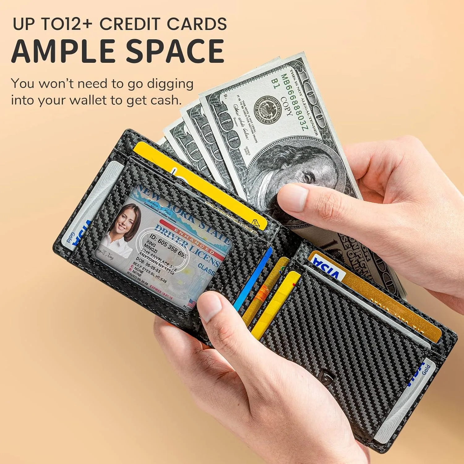 GSOIAX Mens Slim Wallet RFID Blocking Bifold wallets for men Minimalist Genuine Leather Carbon Fiber Card Holder Money Clip Thin Mens with Gift Box (Carbon Black-)