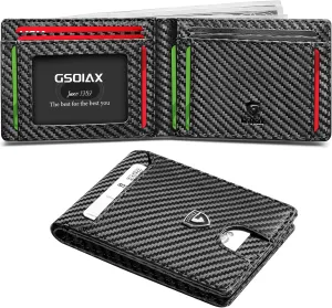 GSOIAX Mens Slim Wallet RFID Blocking Bifold wallets for men Minimalist Genuine Leather Carbon Fiber Card Holder Money Clip Thin Mens with Gift Box (Carbon Black-)