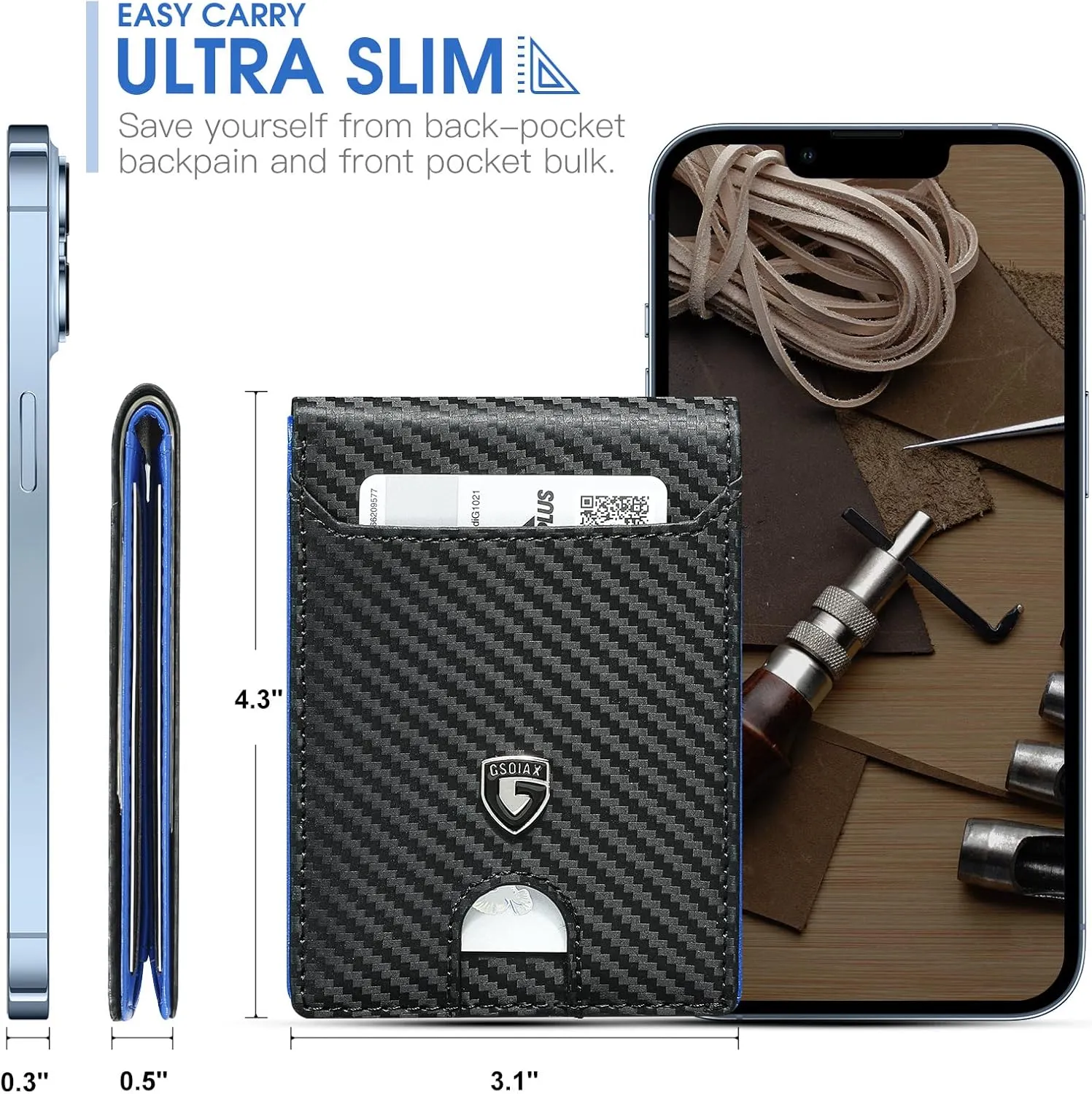 GSOIAX Mens Slim Wallet RFID Blocking Bifold wallets for men Minimalist Genuine Leather Carbon Fiber Card Holder Money Clip Thin Mens with Gift Box (Carbon Blue)