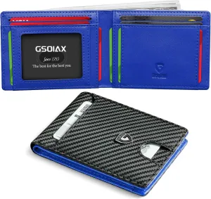 GSOIAX Mens Slim Wallet RFID Blocking Bifold wallets for men Minimalist Genuine Leather Carbon Fiber Card Holder Money Clip Thin Mens with Gift Box (Carbon Blue)