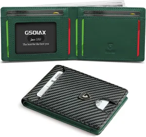 GSOIAX Mens Slim Wallet RFID Blocking Bifold wallets for men Minimalist Genuine Leather Carbon Fiber Card Holder Money Clip Thin Mens with Gift Box (Carbon Fiber - Green)