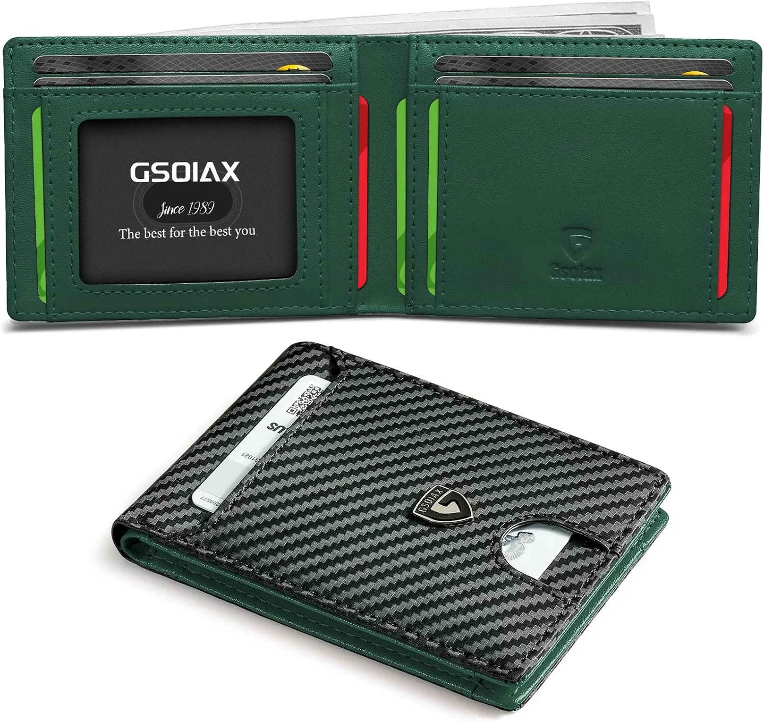 GSOIAX Mens Slim Wallet RFID Blocking Bifold wallets for men Minimalist Genuine Leather Carbon Fiber Card Holder Money Clip Thin Mens with Gift Box (Carbon Fiber - Green)