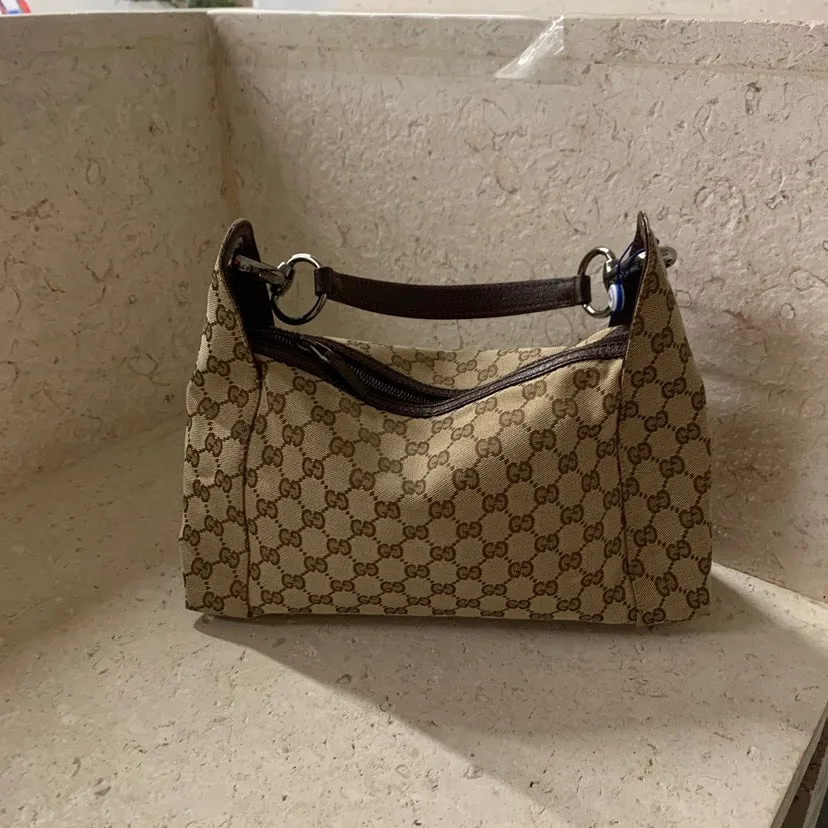 Gucci Monogram Canvas Leather Beige Hobo Bag