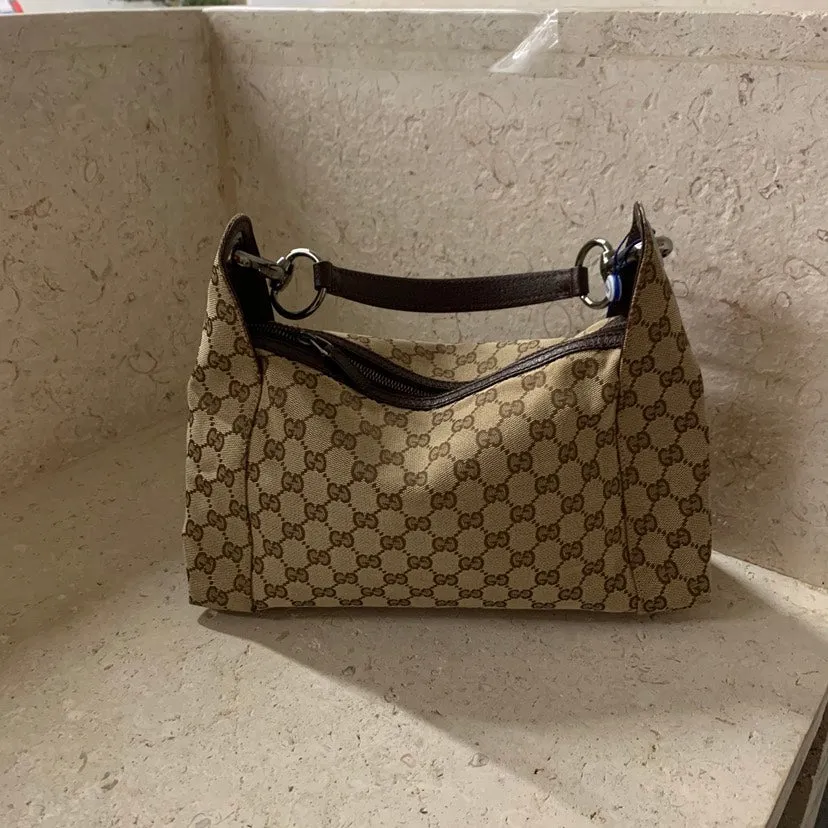 Gucci Monogram Canvas Leather Beige Hobo Bag