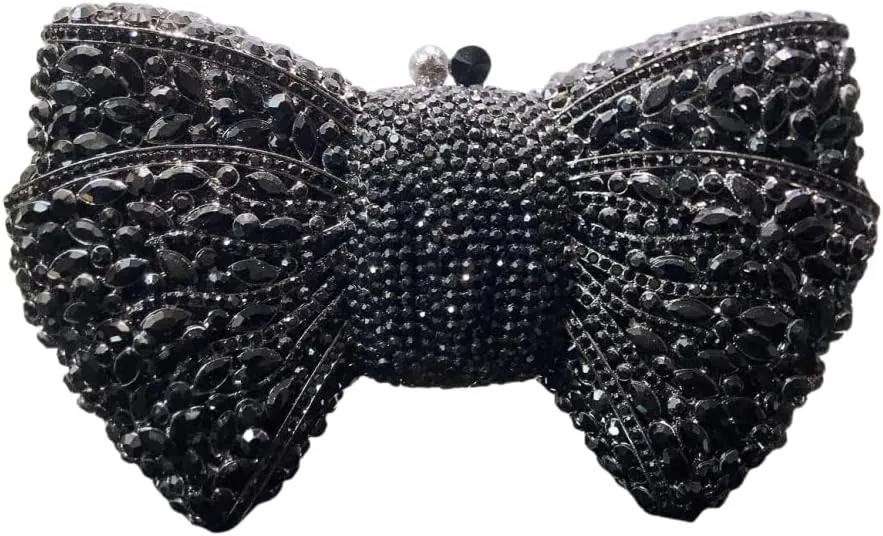 Handmade Inlay Rhinestone Bow Clutch Bag for Women, Sparkling Evening Party Wedding Purse with Detachable Pearl Chain Strap