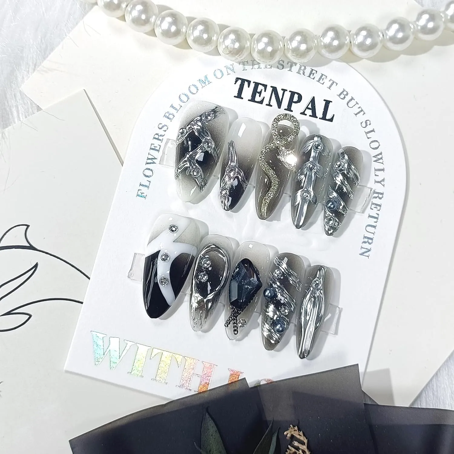 Handmade Press on Nails Almond,Snake Black Nails Prese Ons,Sweet Cool Y2k Metallic Designs Fake Nails With Tools,10pcs/box Acrylic Long Almond False Nails With Serpent Gems Diamond Charms(XS)