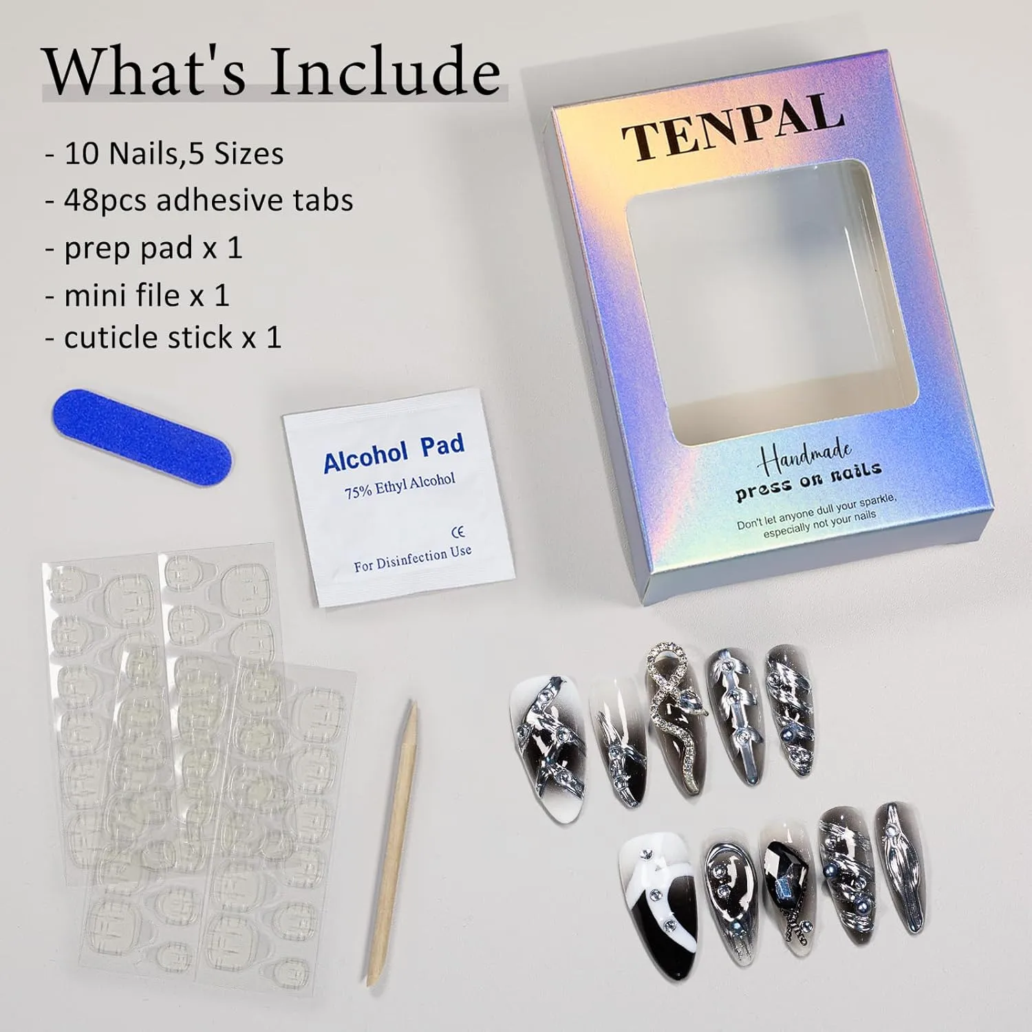 Handmade Press on Nails Almond,Snake Black Nails Prese Ons,Sweet Cool Y2k Metallic Designs Fake Nails With Tools,10pcs/box Acrylic Long Almond False Nails With Serpent Gems Diamond Charms(XS)