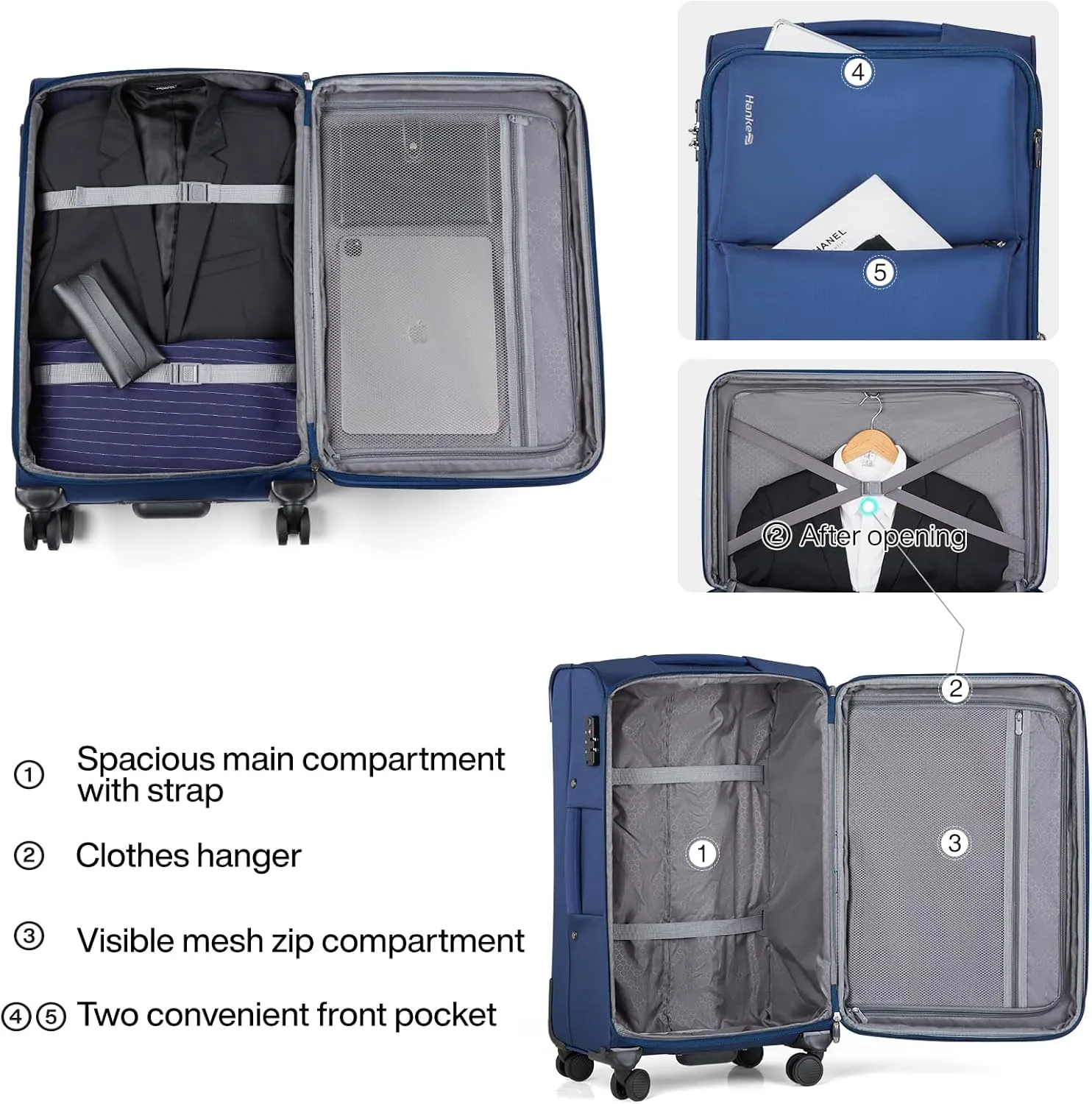 Hanke 24 Inch Luggage Expandable Softside Checked Suitcases with Spinner Wheels, Upright Rolling Luggage Suitcases Travel TSA Luggage Bag for Women Men(Blue)