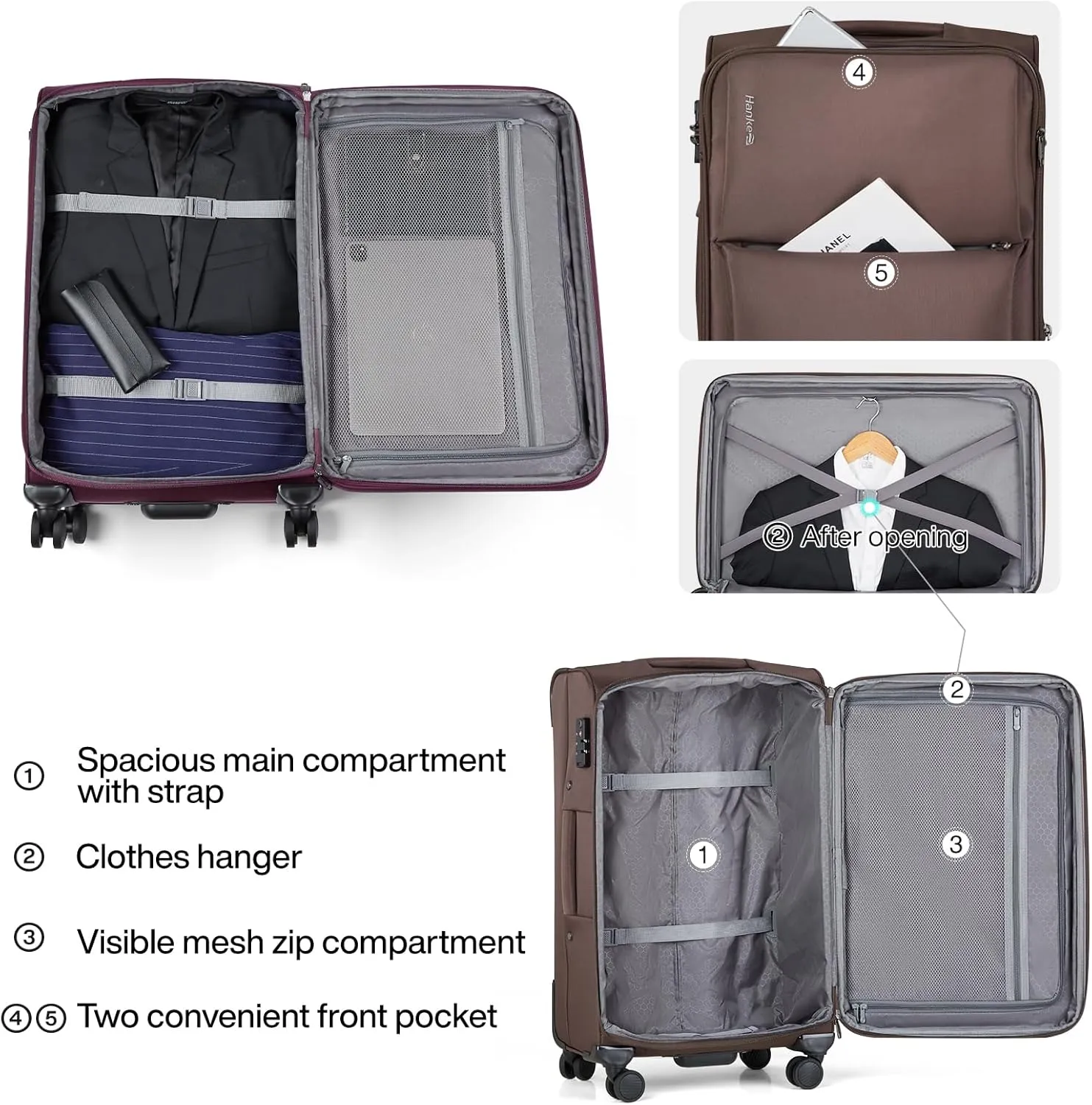 Hanke 28 Inch Luggage Softside Expandable Suitcases with Spinner Wheels, Travel Checked Luggage for Women Men(Coffee)