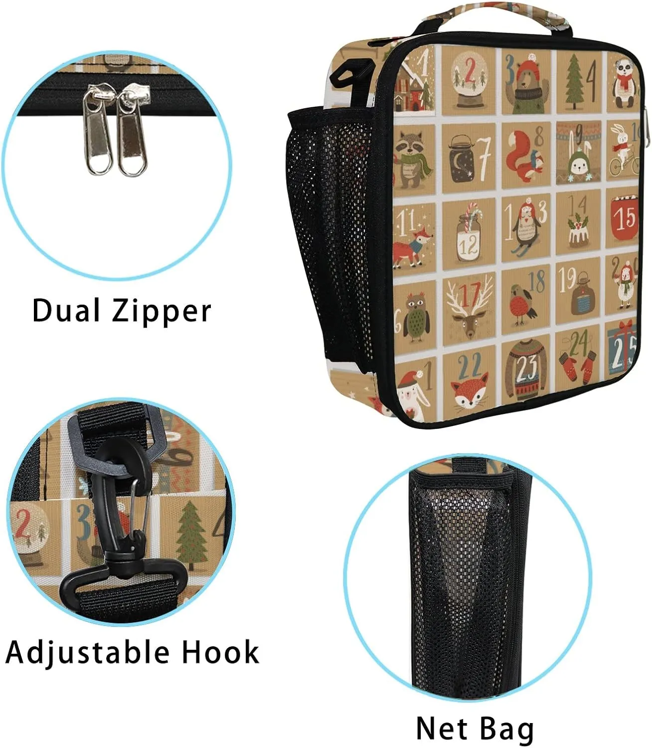 Hapuxt Lunch Box Lunch Bag with Adjustable Shoulder Strap Tote Christmas Advent Calendar Insulated Waterproof Outdoor Work Office Picnic for Women Men