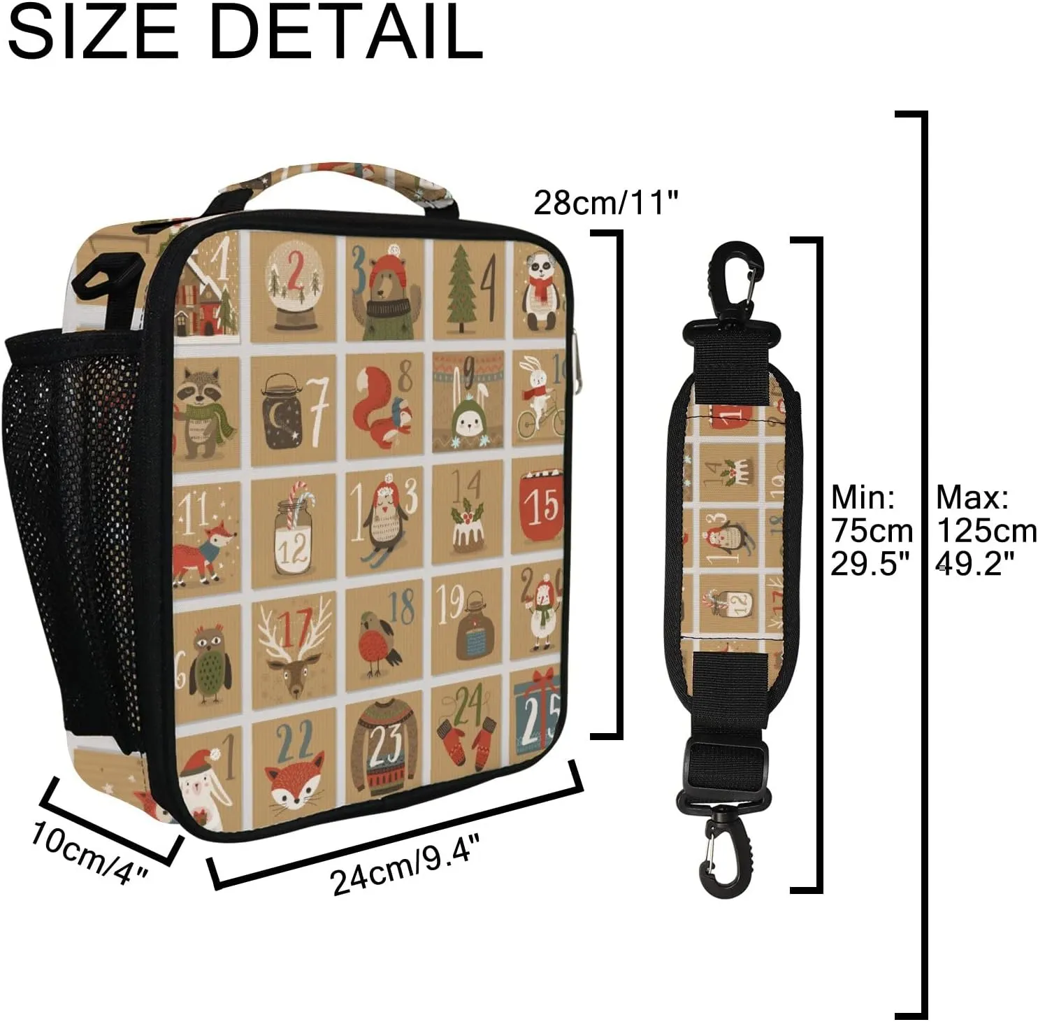 Hapuxt Lunch Box Lunch Bag with Adjustable Shoulder Strap Tote Christmas Advent Calendar Insulated Waterproof Outdoor Work Office Picnic for Women Men