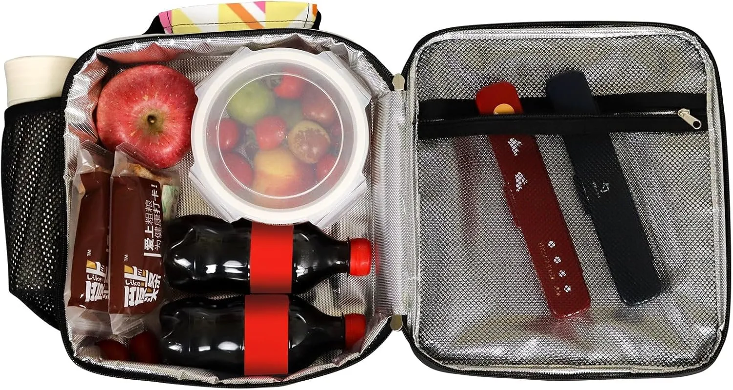 Hapuxt Lunch Box Lunch Bag with Adjustable Shoulder Strap Tote Colored Geometric Composition Flat Style Insulated Waterproof Outdoor Work Office Picnic for Women Men