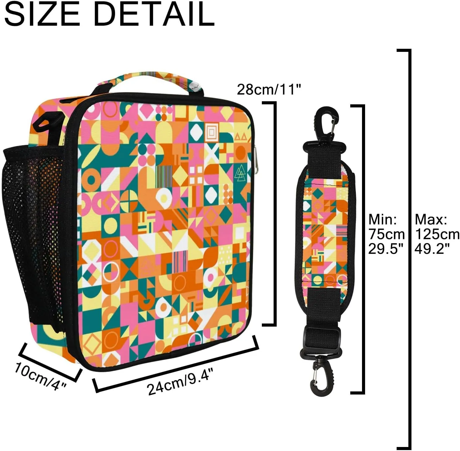 Hapuxt Lunch Box Lunch Bag with Adjustable Shoulder Strap Tote Colored Geometric Composition Flat Style Insulated Waterproof Outdoor Work Office Picnic for Women Men