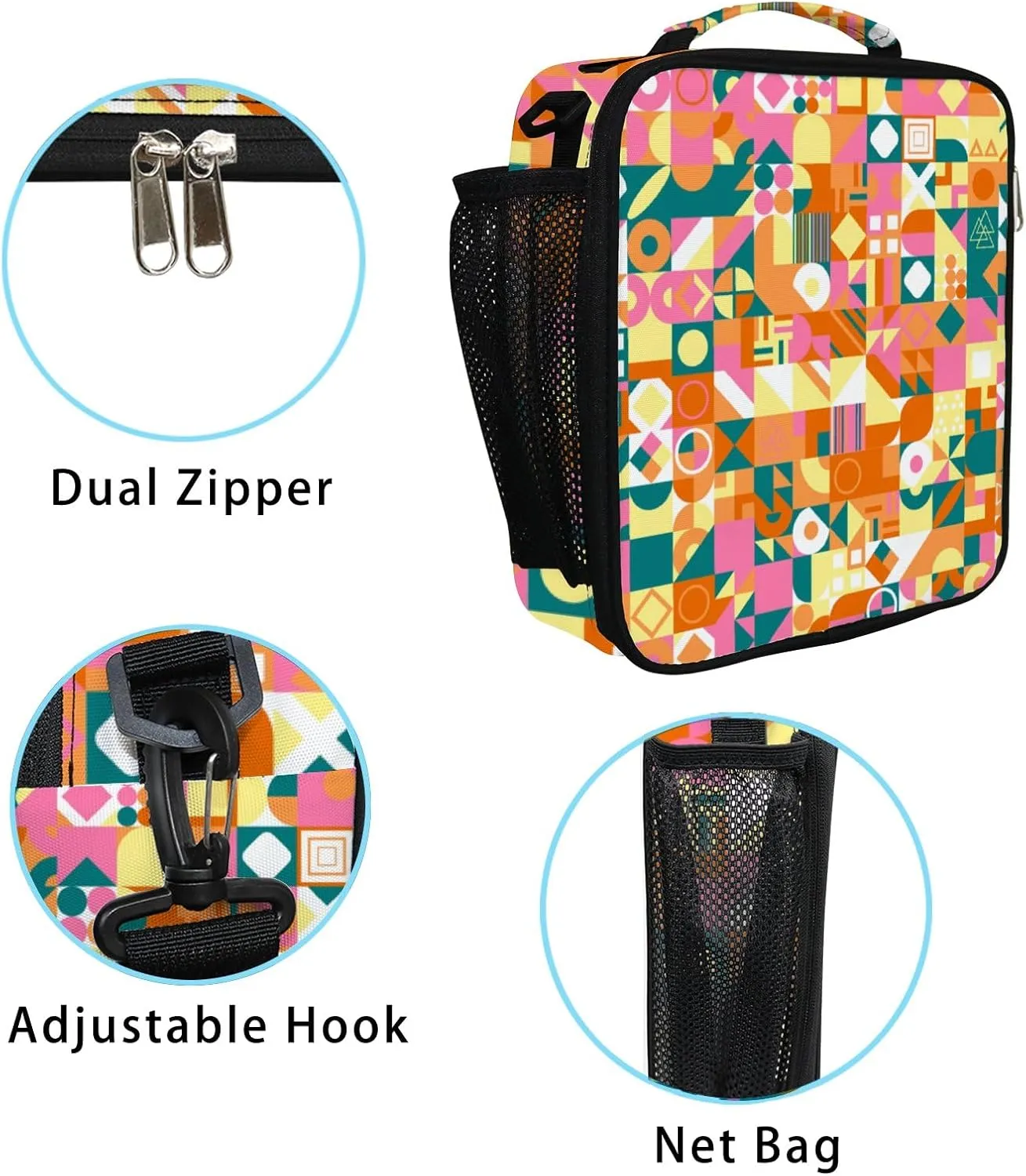 Hapuxt Lunch Box Lunch Bag with Adjustable Shoulder Strap Tote Colored Geometric Composition Flat Style Insulated Waterproof Outdoor Work Office Picnic for Women Men