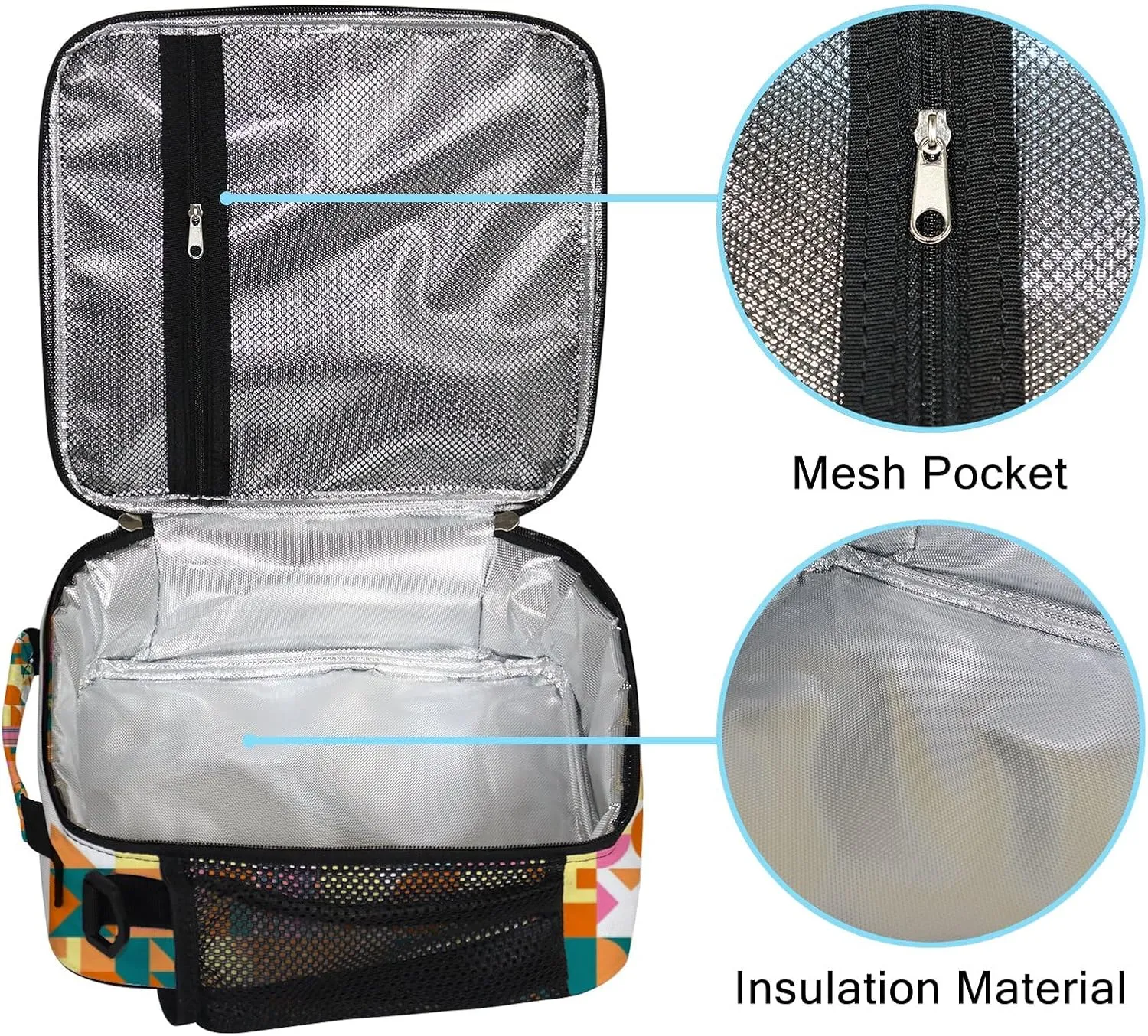 Hapuxt Lunch Box Lunch Bag with Adjustable Shoulder Strap Tote Colored Geometric Composition Flat Style Insulated Waterproof Outdoor Work Office Picnic for Women Men